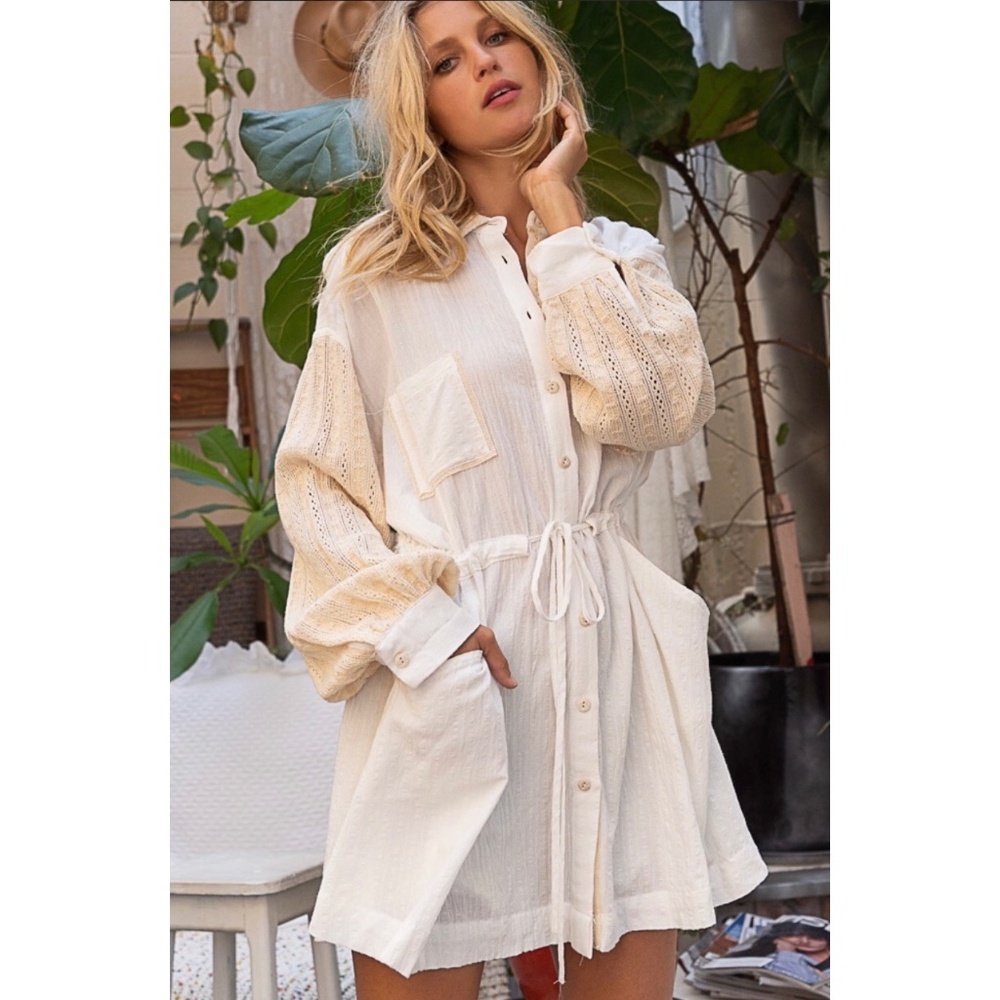 POL Off White Crochet Sleeves Cotton Shirt Dress - Picture 7 of 7